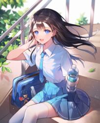  :d absurdres azit_(down) bag bag_charm black_hair blue_eyes blue_skirt bottle charm_(object) collared_shirt commentary day female floating_hair highres holding holding_bottle leaf long_hair looking_at_viewer open_mouth original outdoors pleated_skirt railing school_bag school_uniform shirt short_sleeves signature sitting skirt smile solo stairs summer symbol-only_commentary thighhighs uniform water_bottle white_shirt white_thighhighs zettai_ryouiki 