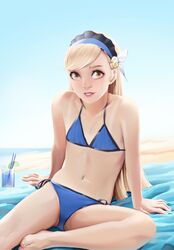  absurdres alternate_breast_size bad_id bad_pixiv_id barefoot beach bikini blonde_hair blue_bikini english_commentary female flat_chest glass hair_ornament hairband highres lavenza_(persona_5) lipstick long_hair looking_at_viewer makeup navel persona persona_5 sitting solo summer swimsuit thatpersonaguy wall-eyed yellow_eyes 