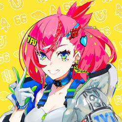  blue_eyes breasts cleavage collarbone ear_piercing female gloves grey_jacket hair_behind_ear hair_between_eyes hair_ornament heart heart_hair_ornament hood hooded_jacket indie_virtual_youtuber jacket looking_at_viewer medium_breasts piercing smile solo tied_hair unsomnus upper_body v virtual_youtuber white_gloves yfu 