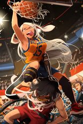  2boys alternate_costume amputee animal_ears arm_up armpits ball bare_shoulders basketball basketball_(object) basketball_uniform black_hair black_thighhighs blue_shorts boku_no_hero_academia breasts character_request double_amputee eraser_head_(boku_no_hero_academia) female goggles grey_hair highres indoors khyle. long_hair meme mirko multiple_boys orange_shirt overhaul_(boku_no_hero_academia) parody parted_bangs pointy_nose prosthesis prosthetic_arm prosthetic_leg rabbit_ears red_footwear red_shirt shiny_skin shirt shoes shorts sideboob single_thighhigh spoilers sportswear stadium sweat thighhighs tongue tongue_out venom_dunking_on_spider-man_(meme) wheelchair 