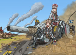  2girls blonde_hair breasts brown_eyes building character_request commentary_request glass_bottle legionarius light_brown_hair military military_uniform military_vehicle motor_vehicle multiple_girls senjou_no_valkyria_(series) senjou_no_valkyria_4 short_hair smoke tank town truck uniform 