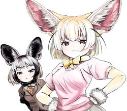  2girls :3 akegata_tobari animal_ears bat-eared_fox_(kemono_friends) black_bow black_bowtie black_gloves black_hair blonde_hair blush bow bowtie brown_eyes brown_jacket commentary_request elbow_gloves fennec_(kemono_friends) fox_ears fox_girl fur_trim gloves grey_hair hands_on_own_hips highres jacket kemono_friends long_sleeves looking_at_viewer multicolored_hair multiple_girls orange_shirt pink_sweater puffy_sleeves shirt short_hair smug sweater two-tone_hair white_fur white_hair yellow_bow yellow_bowtie yellow_gloves 