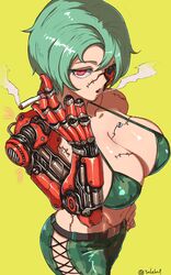  absurdres breasts camouflage camouflage_pants cigarette cleavage cyberpunk cyborg female green_hair hand_on_own_hip highres holding holding_cigarette large_breasts looking_at_viewer mechanical_arms navel open_mouth original pants prosthesis red_eyes scar scar_on_face short_hair simple_background single_mechanical_arm smoking solo stitches takefu_jiin yellow_background 