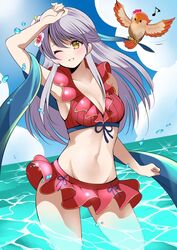  ;d arm_up armpits bare_shoulders bikini bikini_skirt bird blue_scarf breasts cleavage collarbone fe135700 female fire_emblem fire_emblem:_radiant_dawn fire_emblem_heroes flower front-tie_top grey_hair groin hair_flower hair_ornament hair_ribbon half_updo highres long_hair medium_breasts micaiah_(fire_emblem) micaiah_(summer)_(fire_emblem) miniskirt musical_note navel official_alternate_costume one_eye_closed partially_submerged red_bikini ribbon scarf skirt smile solo swimsuit towel water yellow_eyes yune_(fire_emblem) 