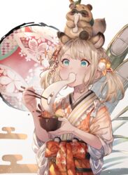  absurdres animal_ear_fluff animal_ears animal_on_head ayacho bad_id bad_pixiv_id bamboo blonde_hair blue_eyes blush bowl chopsticks commentary_request eating extra_ears female food_in_mouth hair_ornament hakama highres holding holding_bowl holding_chopsticks hololive japanese_clothes kazama_iroha kazama_iroha_(new_year) kimono looking_away medium_hair official_alternate_costume on_head orange_hakama orange_kimono pokobee solo sparkle tanuki twintails upper_body virtual_youtuber 