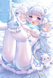  absurdres ahoge animal_ears bandaid bandaid_on_cheek bandaid_on_face bear blue_footwear blue_nails blue_scarf blunt_bangs blush breasts claw_pose female foot_out_of_frame fur_trim grey_hair hair_ornament hands_up highres legs legs_up long_sleeves looking_at_viewer lying medium_breasts medium_hair nail_polish oerba_yun_fang on_back open_mouth original pantyhose paw_hair_ornament polar_bear puffy_long_sleeves puffy_sleeves purple_eyes scarf shoes snow solo star_(symbol) star_hair_ornament thighs underboob white_pantyhose yuyuko_(yuyucocco) 