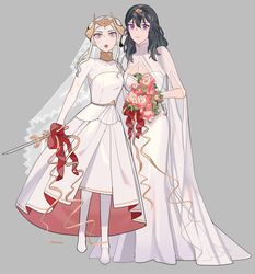  2girls bad_id bad_twitter_id bang_gu9 blonde_hair blue_eyes bouquet breasts bride byleth_(female)_(fire_emblem) byleth_(fire_emblem) dagger dress edelgard_von_hresvelg fire_emblem fire_emblem:_three_houses flower gloves hair_ornament highres holding holding_bouquet holding_dagger holding_knife holding_weapon knife korean_commentary large_breasts long_hair long_sleeves looking_at_viewer medium_hair multiple_girls open_mouth peony_(flower) pink_flower purple_eyes short_hair simple_background smile weapon wedding_dress white_background white_hair wife_and_wife yuri 