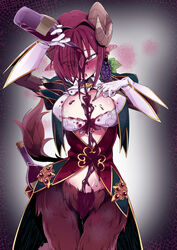  alcohol between_breasts bottle breast_cutout breasts bust_cup commentary_request eyebrows_visible_through_hat eyes_visible_through_hair female fluffy food fruit grapes highres horns jewelry large_breasts liquid monster_girl monster_girl_encyclopedia pointy_ears purple_eyes red_hair satyr satyros_(monster_girl_encyclopedia) simple_background sweat sweatdrop tyomoti wine wine_bottle 