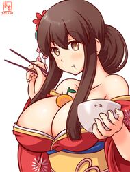  akagi_(kancolle) alternate_costume alternate_hairstyle artist_logo between_breasts bowl breasts brown_eyes brown_hair chopsticks cleavage collarbone dated eating female food fruit hair_between_eyes hair_ornament japanese_clothes kanon_(kurogane_knights) kantai_collection kimono large_breasts long_hair long_sleeves mandarin_orange obi one-hour_drawing_challenge oppai_mochi red_kimono sash simple_background solo upper_body white_background wide_sleeves 