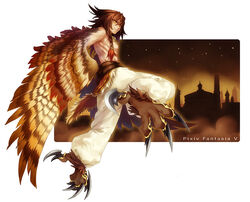  1boy animal_feet baggy_pants bird_wings braid brown_background brown_hair brown_theme brown_wings closed_mouth colored_tips feathered_wings full_body harpy_boy jewelry leg_up long_hair male_focus monster_boy multicolored_hair necklace orange_eyes pants pixiv_fantasia pixiv_fantasia_5 red_hair side_braid skyline solo talons topless_male two-tone_hair white_pants winged_arms wings zhuo_mi 