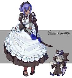  absurdres alternate_costume apron apron_hold badge black_dress blush character_name commentary_request dark-skinned_female dark_skin dress enmaided f.k_(hs225kr) fate/grand_carnival fate/grand_order fate/prototype fate/prototype:_fragments_of_blue_and_silver fate_(series) female flower frilled_apron frilled_dress frills full_body gloves hair_flower hair_ornament hassan_of_serenity_(fate) highres maid maid_apron mysterious_neko_v neco_spirit pigeon-toed puffy_sleeves purple_eyes purple_hair skirt_hold solo white_apron white_gloves 