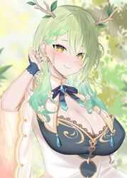  absurdres antlers bare_shoulders blush braid braided_bangs breasts brooch ceres_fauna ceres_fauna_(1st_costume) cleavage closed_mouth collarbone commentary dress female flower green_hair hair_flower hair_ornament highres hololive hololive_english horns jewelry large_breasts leaf long_hair long_sleeves looking_at_viewer mole mole_under_eye neck_ribbon ribbon single_braid smile solo sweat underbust virtual_youtuber wennananyan white_dress wide_sleeves yellow_eyes 