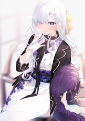  &gt;:) arm_support azur_lane belfast_(azur_lane) belfast_(folded_fascination)_(azur_lane) black_jacket blurry blurry_background braid braided_bangs closed_mouth commentary_request depth_of_field female gloves hair_over_one_eye hakuishi_aoi highres jacket japanese_clothes kimono long_hair long_sleeves obi official_alternate_costume open_clothes open_jacket partial_commentary purple_eyes sash smile solo v-shaped_eyebrows white_gloves white_hair white_kimono 