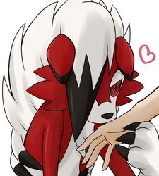  ambiguous_gender canid canine claws duo feral fur generation_7_pokemon hair hair_over_eye heart_symbol human kissing_hand lycanroc mammal midnight_lycanroc nintendo odaibako one_eye_obstructed pokemon pokemon_(species) red_body red_eyes red_fur stardust_425 