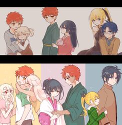  3boys 4girls age_progression aged_down ball black_hair blonde_hair blue_eyes blue_hair blush brother_and_sister chloe_von_einzbern commentary_request dual_persona emiya_shirou emiya_shirou_(prisma_illya) erica_ainsworth fate/kaleid_liner_prisma_illya fate_(series) floral_print highres holding holding_another&#039;s_arm holding_ball hug hug_from_behind illyasviel_von_einzbern japanese_clothes julian_ainsworth kimono looking_at_another miyu_edelfelt multicolored_hair multiple_boys multiple_girls orange_hair pandora_(prisma_illya) ponytail red_eyes saihara scar scar_on_face siblings smile streaked_hair sweatdrop twintails white_hair yellow_eyes 