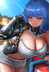  absurdres adjusting_hair blue_hair blunt_bangs blush breasts brown_eyes cleavage closed_mouth commentary_request day embarrassed female highres large_breasts leaning_forward long_hair looking_at_viewer mecha_musume mechanical_arms original outdoors race_queen shiny_skin single_mechanical_arm skirt solo takefu_jiin white_skirt 