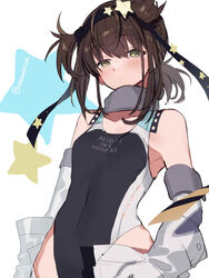  bare_shoulders blush breasts brown_hair collarbone competition_swimsuit cosplay expressionless female green_eyes hachimaki hair_ornament hatsuzuki_(kancolle) headband highres kantai_collection medium_hair one-piece_swimsuit picoli1313 scamp_(kancolle) scamp_(kancolle)_(cosplay) short_ponytail sidelocks small_breasts solo star_(symbol) star_hair_ornament swimsuit tied_hair twitter_username 