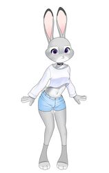  2019 anthro bottomwear choker clothed clothing crop_top digital_media_(artwork) dipstick_ears disney ear_markings female fur grey_body grey_fur hi_res hotpants jewelry judy_hopps lagomorph leporid looking_at_viewer mammal midriff multicolored_ears navel necklace purple_eyes rabbit shaded shirt shorts simple_background solo swetpot topwear unavailable_at_source white_background zootopia 