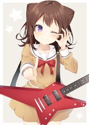  ;) bang_dream! blush bow brown_dress brown_hair closed_mouth collarbone commentary_request cone_hair_bun cowboy_shot dress electric_guitar female grey_background guitar hair_bun hair_ornament hanasakigawa_school_uniform hand_up highres index_finger_raised instrument komomo_(ptkrx) long_sleeves looking_at_viewer ok_sign one_eye_closed outstretched_arm pleated_dress purple_eyes red_bow sailor_collar sailor_dress school_uniform smile solo star_(symbol) star_hair_ornament starry_background toyama_kasumi two-tone_background white_background white_sailor_collar 