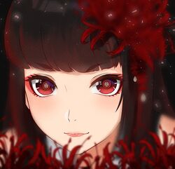  absurdres brown_hair close-up eyeshadow female flower futakuchi_mana hair_flower hair_ornament highres indie_virtual_youtuber lazycoffee_(wyen_iscordo) light_smile long_hair looking_at_viewer makeup pentagram portrait red_eyes red_eyeshadow red_flower smile solo symbol-shaped_pupils virtual_youtuber 