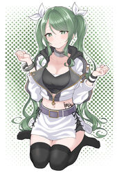  belt black_shirt black_thighhighs blush body_writing bracelet breasts cleavage closed_mouth collar collarbone commentary crop_top cropped_jacket d4dj female full_body green_background green_eyes green_hair grey_belt hair_between_eyes hair_ribbon hands_up highres hood hood_down hooded_jacket jacket jewelry large_breasts long_hair long_sleeves looking_at_viewer midriff navel partially_unzipped ribbon shimizu_esora shirt sidelocks sitting skindentation skirt smile solo swept_bangs thighhighs twintails wariza white_jacket white_ribbon white_skirt wristband yuu_(vy6wh7hqrrxdxx7) zettai_ryouiki zipper 