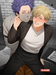  2boys absurdres artist_name black_pants blonde_hair blue_eyes blue_hair blush boku_no_hero_academia brick_wall brown_jacket bug butterfly clarice_starling clarice_starling_(cosplay) commentary cosplay crossdressing grin hannibal_lecter hannibal_lecter_(cosplay) highres indoors jacket jewelry looking_at_viewer male_focus mask monoma_neito mouth_mask multiple_boys necklace on_lap pants patreon_logo plaid plaid_jacket purple_eyes purple_hair riffraffhellyea shinsou_hitoshi shirt shirt_tucked_in short_hair sitting smile spiked_hair straitjacket symbol-only_commentary the_silence_of_the_lambs white_shirt yaoi 