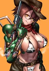  absurdres android animal_print bikini breasts brown_eyes brown_hair brown_hat cleavage closed_mouth commentary_request cow_print cow_print_bikini cowboy_hat female glasses gun hat highres holding holding_gun holding_weapon large_breasts looking_at_viewer mechanical_arms mechanical_parts micro_bikini navel orange_background original print_bikini revolver round_eyewear semi-rimless_eyewear short_hair simple_background single_mechanical_arm smile solo swimsuit takefu_jiin tongue tongue_out under-rim_eyewear weapon 