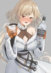  alcohol bare_shoulders blush bottle breasts cleavage collarbone cup drinking_glass drunk female fur_trim girls&#039;_frontline gloves hat holding holding_bottle holding_cup kord_(girls&#039;_frontline) large_breasts light_brown_hair looking_at_viewer qub_dlfr red_eyes russian_standard russian_text short_hair solo translated unworn_hat unworn_headwear vodka 