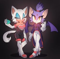  2017 alternate_species anthro blaze_the_cat blue_eyes blue_eyeshadow boots breasts chiropteran cleavage clothed clothing domestic_cat duo eyelashes eyeshadow felid feline felis female footwear fur gem gloves hair handwear hi_res makeup mammal purple_body purple_fur purple_hair rouge_the_bat sonic_the_hedgehog_(series) spacecolonie video_games white_body white_fur white_hair wings yellow_eyes 