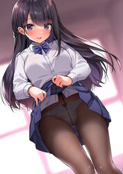  black_hair blue_bow blue_skirt blush bow bow_panties bowtie braid breasts brown_pantyhose clothes_lift collared_shirt commentary_request crotch_seam dress_shirt dutch_angle female french_braid half_updo large_breasts lifting_own_clothes long_hair long_sleeves looking_down miniskirt open_mouth original panties panties_under_pantyhose pantyhose pleated_skirt purple_eyes school_uniform shirt shirt_tucked_in skirt skirt_lift sleeve_cuffs smile solo thighs underwear utsunomiya_hetaru white_panties white_shirt 