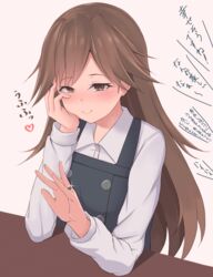  88942731ne arashio_(kancolle) arashio_kai_ni_(kancolle) black_dress blush brown_eyes brown_hair commentary_request dress female heart highres jewelry kantai_collection long_hair long_sleeves pinafore_dress ring shirt sleeveless sleeveless_dress solo translation_request upper_body wedding_ring white_shirt 