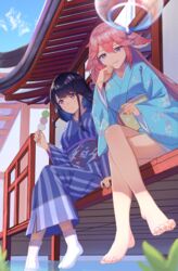  2girls absurdres alternate_costume animal_ears bare_legs barefoot blue_kimono breasts bright_pupils closed_mouth crossed_legs dango day dipping eating feet floppy_ears food fox_ears full_body genshin_impact hair_between_eyes hair_down hand_to_own_mouth highres holding holding_food japanese_clothes kimono lan_qiandai leaning_forward long_hair looking_at_viewer medium_breasts multiple_girls no_earrings no_hair_ornament obi outdoors parted_lips pink_hair purple_eyes purple_hair purple_nails raiden_shogun ripples sanshoku_dango sash short_kimono shrine sitting skewer smile striped_clothes striped_kimono tabi toenails toes vertical_stripes very_long_hair wagashi white_footwear wide_sleeves yae_miko yukata 