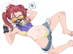  amagaeru_(hylathewet) bikini blue_archive bracelet breasts clothes_pull denim denim_shorts female fingerless_gloves gloves green_panties halo highleg highleg_panties highres jewelry mask mouth_mask navel orange-tinted_eyewear orange_eyes panties red_hair seaside_sukeban_(smg)_(blue_archive) short_shorts shorts shorts_pull simple_background small_breasts solo spiked_bracelet spikes spoken_squiggle squiggle sunglasses swimsuit tan tanlines tinted_eyewear twintails underwear 