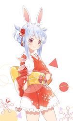  12_graka absurdres alternate_costume animal_ear_fluff animal_ears blue_hair braid brown_eyes commentary extra_ears female flower hair_flower hair_ornament hand_on_own_hip highres hololive japanese_clothes kimono looking_at_viewer obi official_alternate_costume rabbit_ears red_kimono sash short_hair sidelocks simple_background smile solo standing stuffed_animal stuffed_rabbit stuffed_toy thick_eyebrows usada_pekora usada_pekora_(new_year) virtual_youtuber white_background 