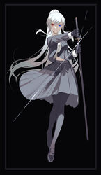  bad_id bad_pixiv_id black_background black_gloves black_shirt black_skirt blue_eyes commentary drawing_sword expressionless female full_body glint gloves heterochromia highres holding holding_sheath holding_sword holding_weapon loafers long_hair looking_at_viewer midriff_peek original pantyhose ponytail red_eyes scabbard sheath shirt shoes skirt solo sword tsuki-shigure unsheathing weapon white_hair 