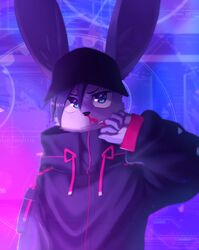  abstract_background absurd_res annoyed baseball_cap black_clothing blood blue_eyes bodily_fluids clothing hat headgear headwear hi_res inner_ear_fluff jacket kemono lagomorph leporid looking_at_viewer male mammal manadezimon nosebleed rabbit solo topwear tuft wiping_face 