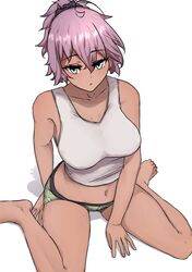  alternate_costume aoba_(kancolle) barefoot breasts female green_eyes green_panties highres ikadamo kantai_collection looking_at_viewer messy_hair midriff navel panties ponytail purple_hair short_hair simple_background sitting solo tan tank_top underwear wariza white_background white_tank_top 