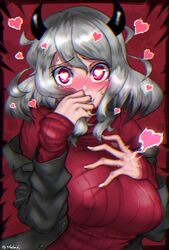  absurdres alternate_hair_color blush breasts chromatic_aberration demon_girl demon_horns female grey_hair hand_on_own_chest heart heart-shaped_pupils helltaker highres horns large_breasts long_sleeves looking_at_viewer modeus_(helltaker) red_eyes red_sweater ribbed_sweater short_hair solo sweater symbol-shaped_pupils takefu_jiin turtleneck turtleneck_sweater upper_body 