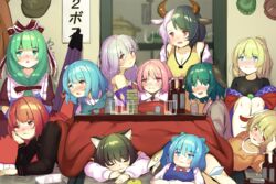  6+girls against_wall animal_ear_piercing animal_ears arm_support bad_id bad_pixiv_id bare_shoulders black_hair black_shirt blue_eyes blue_hair blue_vest blurry blush bottle bow breasts cat_ears chen choko_(cup) cirno cleavage closed_umbrella commentary_request cow_ears cow_horns crop_top cup daiyousei depth_of_field dress drinking_glass drunk expressionless fairy_wings front_ponytail frown green_eyes green_hair hair_between_eyes hair_ribbon hairbow hat hat_rack head_rest head_tilt heterochromia horns indoors jenga jewelry kagiyama_hina kasodani_kyouko kotatsu large_breasts leaning_forward legs_together light_purple_hair long_sleeves looking_at_viewer looking_away looking_up lying lying_on_another lying_on_person mizuhashi_parsee multicolored_hair multiple_girls mystia_lorelei nose_blush off_shoulder on_side on_stomach open_mouth orange_shirt pink_hair piyodesu ponytail pot rabbit_ears red_dress red_eyes red_hair red_horns ribbon ringo_(touhou) sakata_nemuno sekibanki shirt short_sleeves shot_glass sitting sleeping split-color_hair standing table tatami tatara_kogasa tokkuri touhou two-tone_hair umbrella under_kotatsu under_the_table unworn_hat unworn_headwear ushizaki_urumi vest white_hair white_shirt wings yunomi 