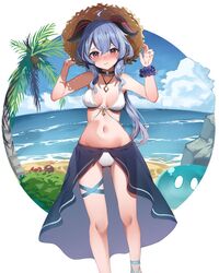  adjusting_clothes adjusting_headwear ahoge alternate_costume beach bell bikini blue_hair blue_sky blush breasts feet_out_of_frame female ganyu_(genshin_impact) genshin_impact halterneck hat horns long_hair looking_at_viewer medium_breasts mizuki_ryuu navel nose_blush ocean outdoors purple_eyes sidelocks sky slime_(genshin_impact) solo standing straw_hat swimsuit white_bikini 