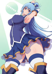  aqua_(konosuba) arched_back armpits arms_up blue_eyes blue_footwear blue_hair blue_shirt blue_skirt blush boots breasts commentary_request copyright_name covered_nipples detached_sleeves dot_nose female from_below green_background grin hair_between_eyes hair_ornament hair_rings highres kono_subarashii_sekai_ni_shukufuku_wo! large_breasts lips long_hair looking_at_viewer pleated_skirt ponponmaru raised_eyebrows see-through see-through_skirt shiny_skin shirt skirt sleeveless sleeveless_shirt smile solo standing thick_thighs thigh_boots thighhighs thighs two-tone_background white_background 