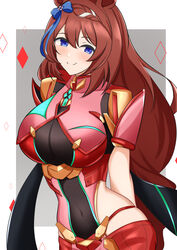  absurdres alternate_costume animal_ears arn7 blue_eyes blush bow breasts brown_hair cleavage closed_mouth cosplay ear_bow ear_ribbon female gem hair_between_eyes hair_ornament highres horse_ears horse_girl large_breasts long_hair looking_at_viewer multicolored_hair pyra_(xenoblade) pyra_(xenoblade)_(cosplay) simple_background smile solo standing super_creek_(umamusume) umamusume upper_body white_hair xenoblade_chronicles_(series) xenoblade_chronicles_2 