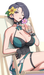  absurdres bare_shoulders beach_chair black_choker black_gloves black_hair black_one-piece_swimsuit breasts casual_one-piece_swimsuit choker cocktail_glass commentary crossed_legs cup drinking drinking_glass drinking_straw female fire_emblem fire_emblem:_three_houses fire_emblem_heroes flower gloves gonzarez green_one-piece_swimsuit hair_flower hair_ornament halterneck hibiscus highres holding holding_cup large_breasts looking_at_viewer official_alternate_costume one-piece_swimsuit one_eye_closed partially_fingerless_gloves purple_eyes shamir_nevrand shamir_nevrand_(summer) short_hair simple_background single_glove sitting solo swimsuit thigh_strap tropical_drink two-tone_swimsuit 