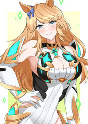  alternate_costume animal_ears arn7 blue_bow blue_eyes blush bow breasts chest_jewel cleavage cosplay diamond_(shape) ear_bow ear_ornament ear_ribbon female gem gold_city_(umamusume) hair_ornament highres horse_ears horse_girl large_breasts long_hair looking_at_viewer mythra_(xenoblade) mythra_(xenoblade)_(cosplay) simple_background smile solo umamusume xenoblade_chronicles_(series) xenoblade_chronicles_2 