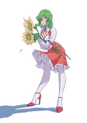  absurdres ascot bad_id bad_pixiv_id bra breasts cleavage cleavage_cutout clothing_cutout d&#039;orsay_heels detached_collar female flower frilled_skirt frills full_body green_hair high_heels highres kazami_yuuka lace-trimmed_bra lace_trim large_breasts long_skirt long_sleeves looking_at_viewer medium_breasts open_clothes open_vest pantyhose plaid plaid_skirt plaid_vest red_eyes red_footwear red_skirt red_vest shirt short_hair simple_background skirt skirt_set solo stank strappy_heels sunflower touhou underwear vest wavy_hair white_background white_pantyhose white_shirt yellow_ascot 