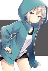  aoba_moca bang_dream! black_background black_choker black_shorts blue_eyes blue_jacket choker closed_mouth commentary_request female highres hood hood_up hooded_jacket jacket komomo_(ptkrx) leaning_forward long_sleeves open_clothes open_jacket outline shirt short_hair short_shorts shorts sleeves_past_wrists smile solo two-tone_background white_background white_hair white_outline white_shirt 