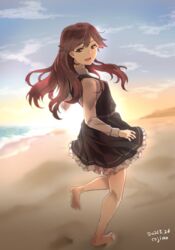  ajino_(sakanahen) arashio_(kancolle) bare_legs barefoot beach blue_sky brown_eyes brown_hair cloud cloudy_sky dated dawn day dress female frilled_dress frills full_body gradient_sky hair_between_eyes highres horizon kantai_collection long_hair long_sleeves looking_at_viewer looking_back morning ocean open_mouth outdoors pinafore_dress sand shirt sky sleeveless sleeveless_dress smile standing standing_on_one_leg sunrise twitter_username water white_shirt 