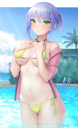  bare_shoulders bikini blue_sky blush breasts collarbone commentary_request cowboy_shot day female green_eyes hands_on_own_chest highres jewelry looking_at_viewer medium_breasts mizuya_nao navel necklace off_shoulder original outdoors pool pool_ladder purple_hair ribbon see-through short_hair short_ponytail short_sleeves side-tie_bikini_bottom sky solo stomach swimsuit underboob water yellow_bikini yellow_ribbon 