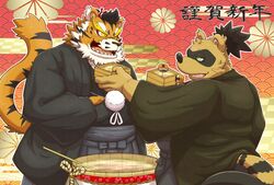  2022 alcohol anthro asian_clothing beverage brown_body brown_fur canid canine clothing duo east_asian_clothing felid fur green_eyes hi_res humanoid_hands japanese_clothing kemono male mammal overweight overweight_male pantherine raccoon_dog raiden_tameemon rockmai3 sake sengoku_puzzle tanuki tiger tokugawa_ieyasu yellow_eyes 