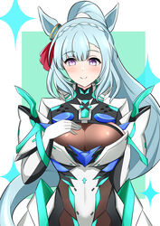  absurdres alternate_costume animal_ears arn7 blue_hair blush breasts cleavage cosplay ear_ornament ear_ribbon female gloves highres horse_ears horse_girl large_breasts light_blue_hair long_hair looking_at_viewer mejiro_ardan_(umamusume) pneuma_(xenoblade) pneuma_(xenoblade)_(cosplay) purple_eyes simple_background smile solo star_(symbol) umamusume white_gloves xenoblade_chronicles_(series) xenoblade_chronicles_2 